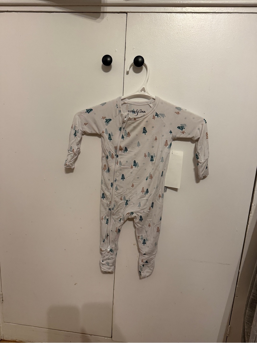White Footed Pajamas with Teal and Brown Tree Print